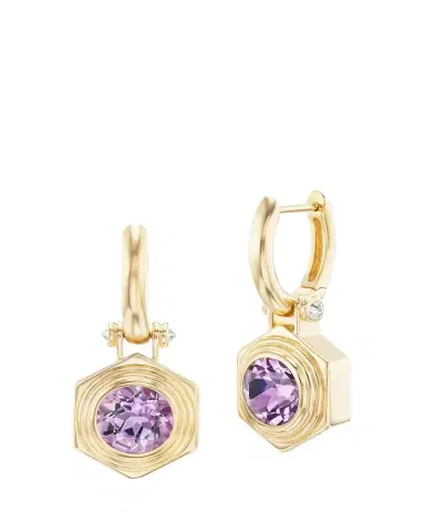 Harwell Godfrey 18K Yellow Gold Hexed Drop Huggie Earrings with Diamonds and Amethyst | Thumbnail 1 Harwell Godfrey 18K Yellow Gold Hexed Drop Huggie Earrings with Diamonds and Amethyst | Thumbnail 1