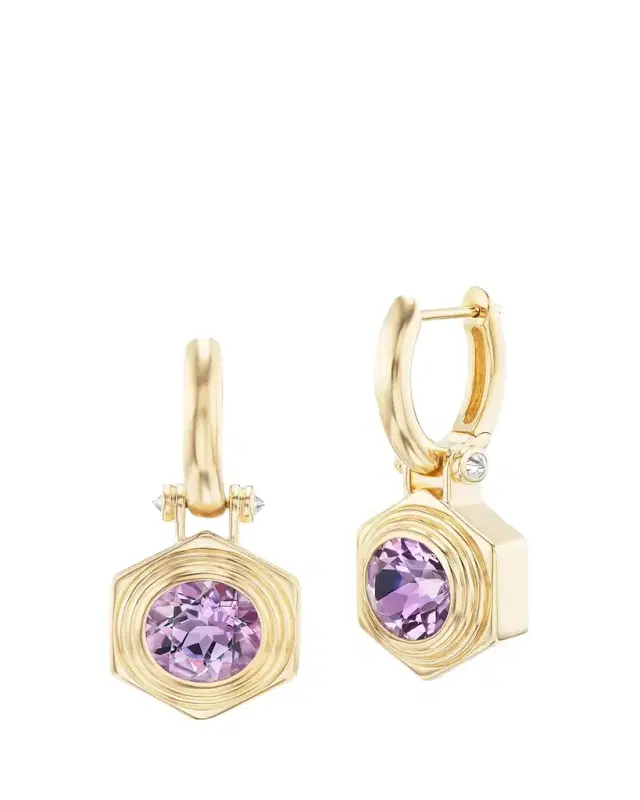Harwell Godfrey 18K Yellow Gold Hexed Drop Huggie Earrings with Diamonds and Amethyst