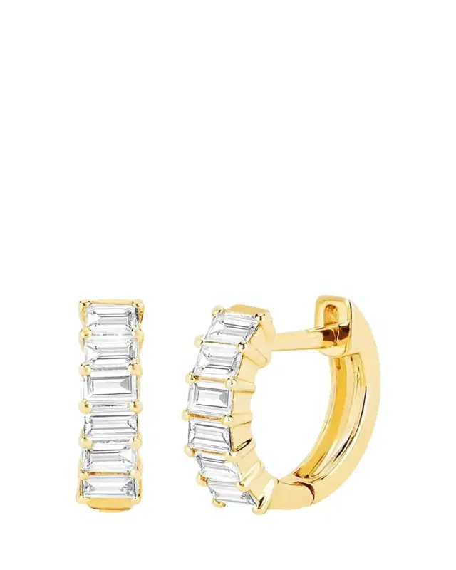14K Yellow Gold Prong-Set Diamond Baguette Huggie Earrings