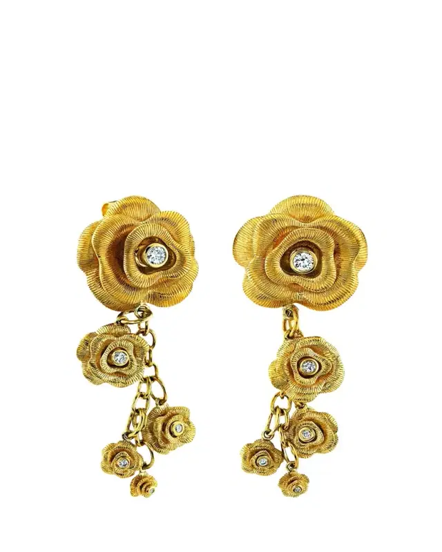 14K Yellow Gold Rose Charm Diamond Earrings