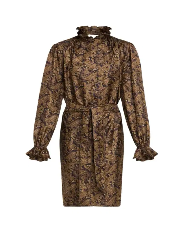 High-Neck Paisley-Print Silk Belted Dress