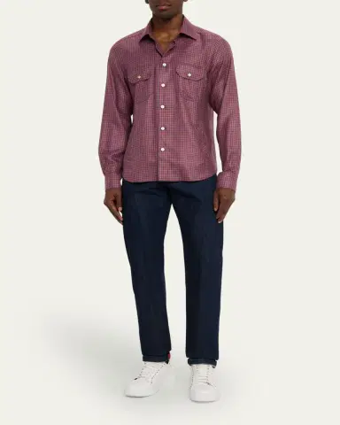 Kiton Men's Cashmere and Silk Small Check Overshirt | Thumbnail 2 Kiton Men's Cashmere and Silk Small Check Overshirt | Thumbnail 2