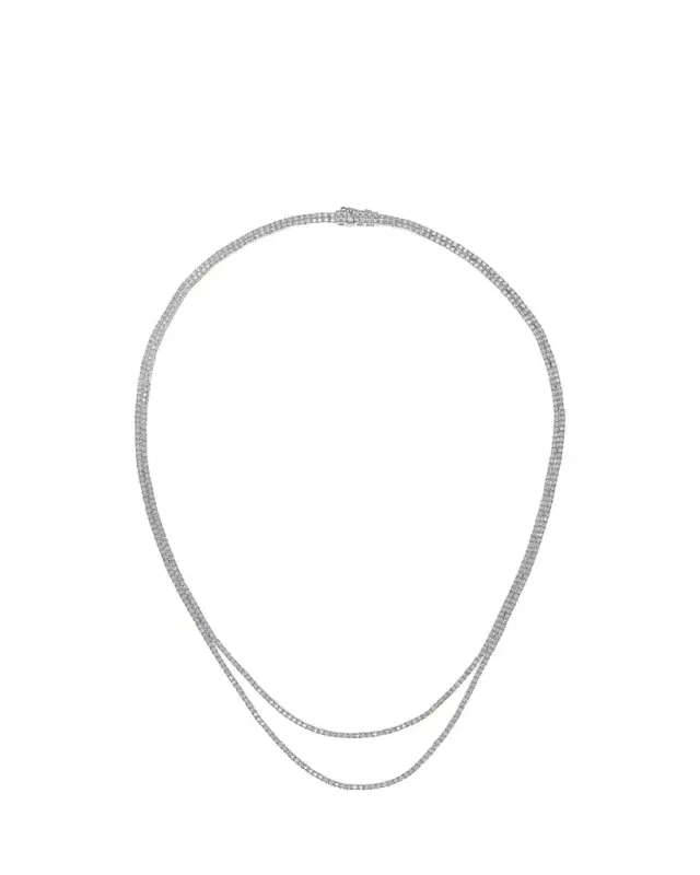 14K White Gold Skinny Double Strand Diamond Tennis Necklace, 15"L