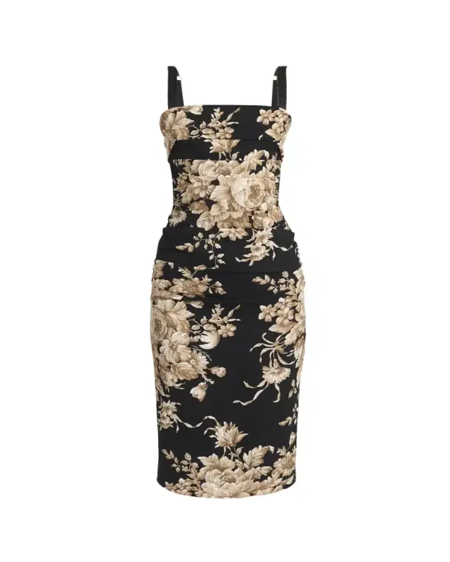 Floral Charmeuse Ruched Sleeveless Dress