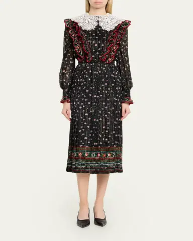 Valentino Garavani Metallic Floral-Print Silk Midi Dress | Thumbnail 2 Valentino Garavani Metallic Floral-Print Silk Midi Dress | Thumbnail 2