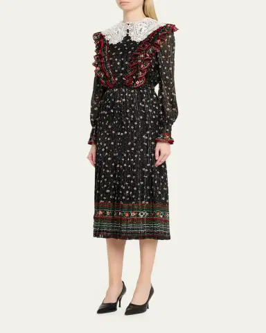 Valentino Garavani Metallic Floral-Print Silk Midi Dress | Thumbnail 4 Valentino Garavani Metallic Floral-Print Silk Midi Dress | Thumbnail 4