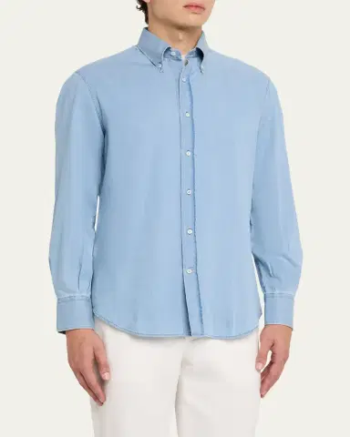 Brunello Cucinelli Men's Cotton Denim Button-Down Shirt | Thumbnail 4 Brunello Cucinelli Men's Cotton Denim Button-Down Shirt | Thumbnail 4