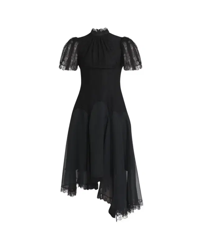 Draped Floral Lace High-Low Midi Dress