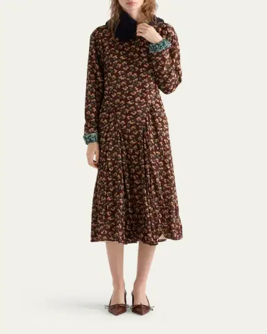 Prada Floral-Print Silk Georgette Long-Sleeve Midi Dress | Thumbnail 2 Prada Floral-Print Silk Georgette Long-Sleeve Midi Dress | Thumbnail 2