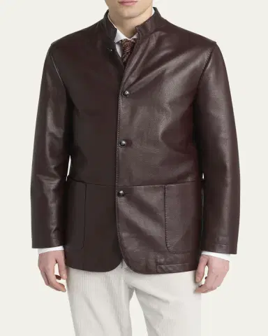 Kiton Men's Stand-Collar Leather Jacket | Thumbnail 4
