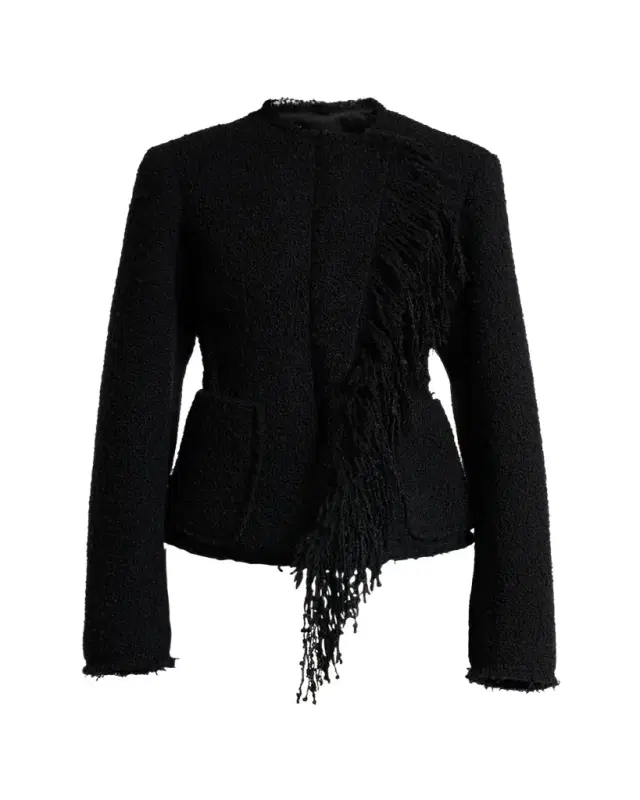 Fringed Collarless Boucle Jacket