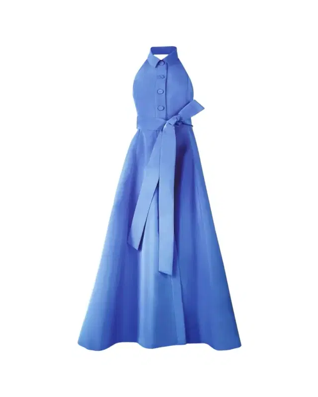 Sleeveless Collared Halter Gown With Belt