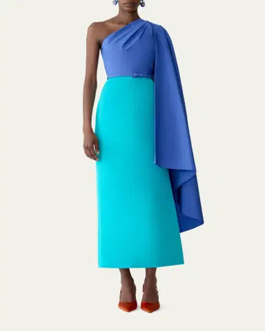 Carolina Herrera Colorblock Silk Belted One-Shoulder Maxi Dress With Detachable Drape | Thumbnail 2 Carolina Herrera Colorblock Silk Belted One-Shoulder Maxi Dress With Detachable Drape | Thumbnail 2