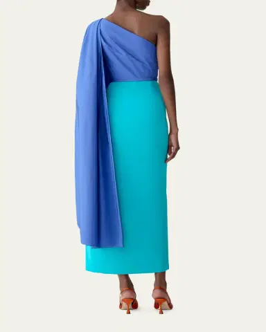 Carolina Herrera Colorblock Silk Belted One-Shoulder Maxi Dress With Detachable Drape | Thumbnail 3 Carolina Herrera Colorblock Silk Belted One-Shoulder Maxi Dress With Detachable Drape | Thumbnail 3