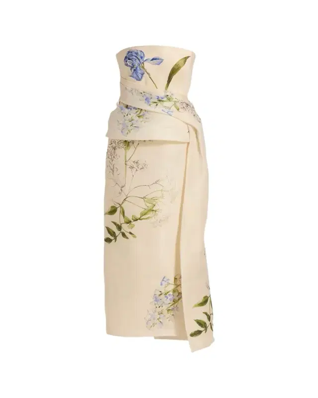 Monique Lhuillier Iris Gazar Silk Strapless Peplum Drape Ankle Gown
