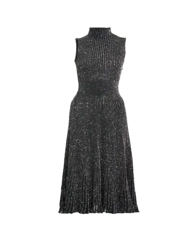 Mock-Neck Metallic Rib Sleeveless Midi Dress