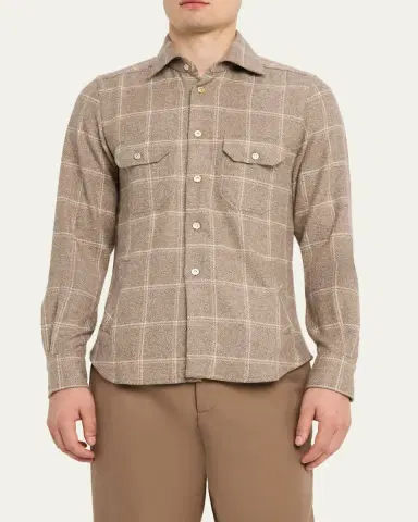 Kiton Men's Cotton Windowpane Double-Pocket Button-Down Shirt | Thumbnail 4