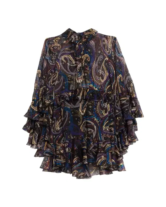 Ruffle Paisley Chiffon Backless Mini Dress