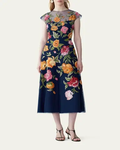 Carolina Herrera Floral Embroidered Cap-Sleeve Illusion Midi Dress | Thumbnail 2