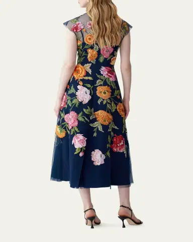 Carolina Herrera Floral Embroidered Cap-Sleeve Illusion Midi Dress | Thumbnail 3