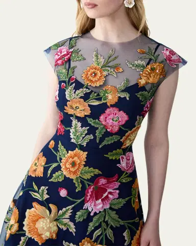 Carolina Herrera Floral Embroidered Cap-Sleeve Illusion Midi Dress | Thumbnail 4