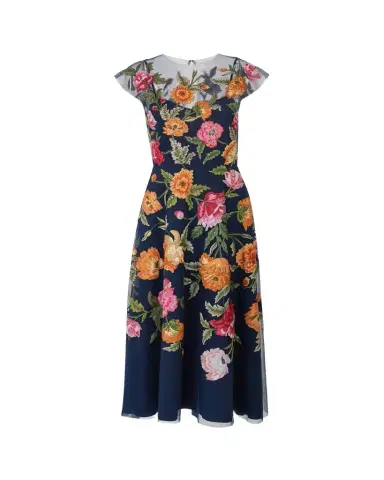 Carolina Herrera Floral Embroidered Cap-Sleeve Illusion Midi Dress | Thumbnail 1