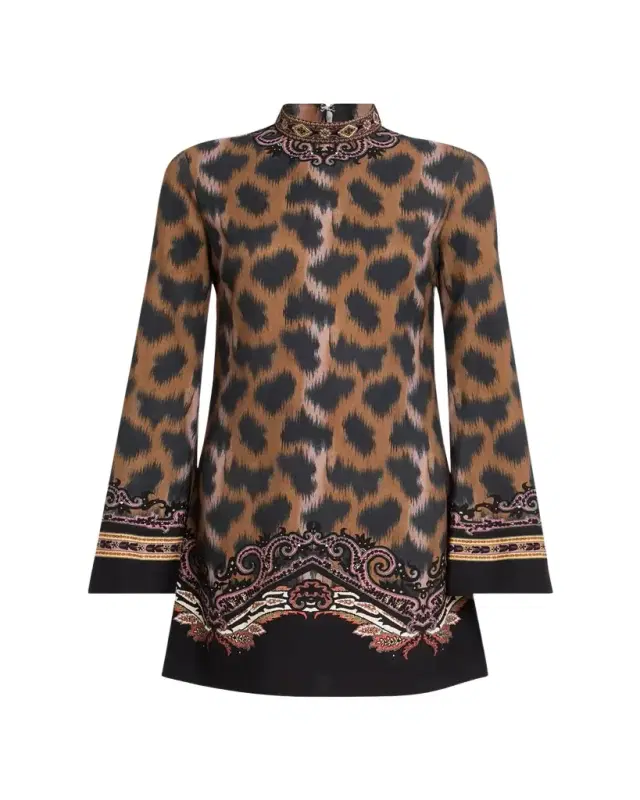 Leopard-Print Long-Sleeve Mini Tunic Dress