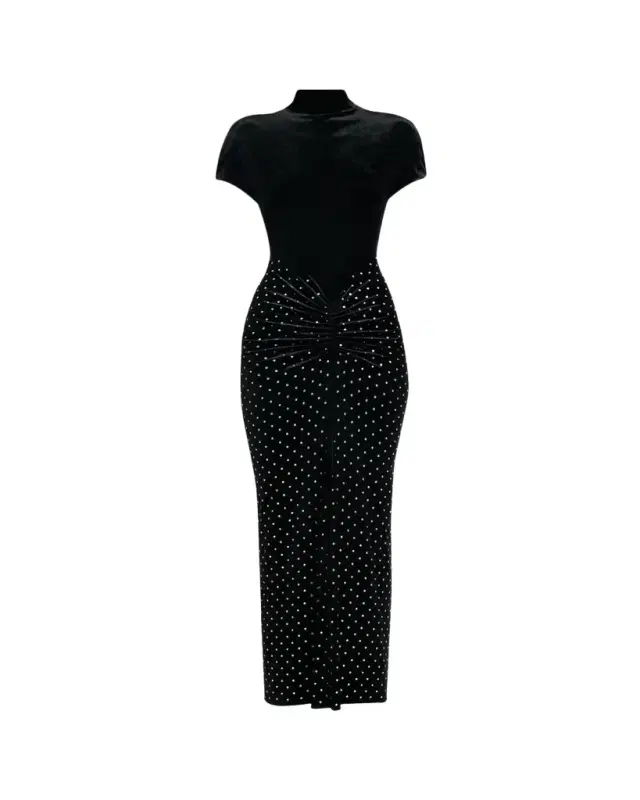 Mock-Neck Ruched Mirrored Velvet Maxi Dress
