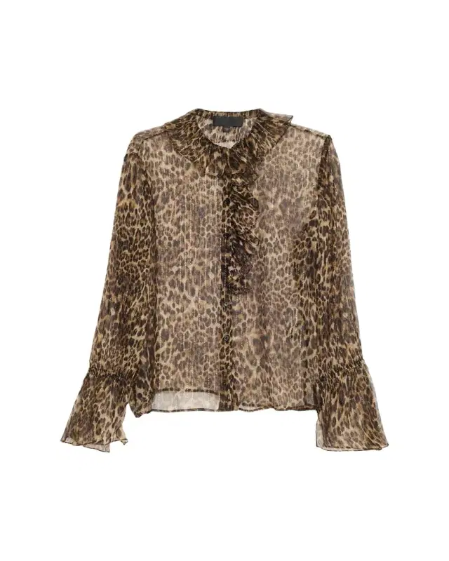 Cecily etallic Leopard-Print Silk Ruffle Shirt
