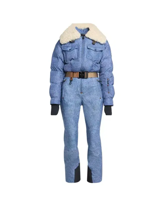 Shearling-Trim Down Denim Ski Suit