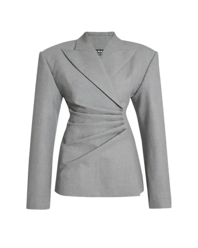 Strong-Shoulder Draped Mini Blazer Dress