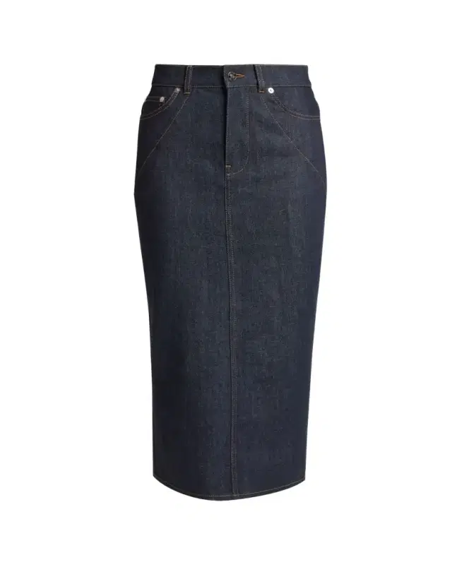 Denim Kick-Pleat Midi Skirt
