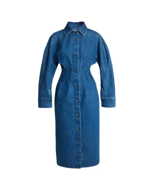 Cocoon-Sleeve Waisted Denim Midi Shirtdress