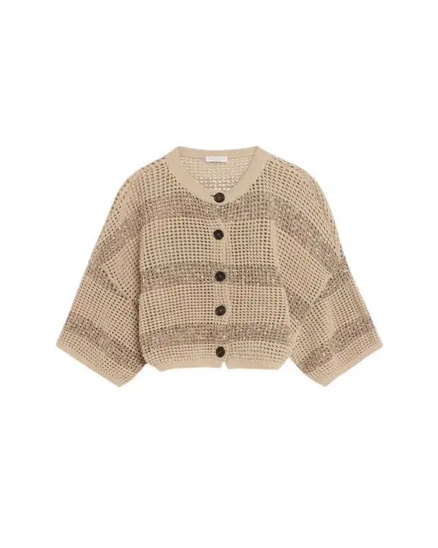 Paillette Striped Open-Knit Short-Sleeve Cardigan