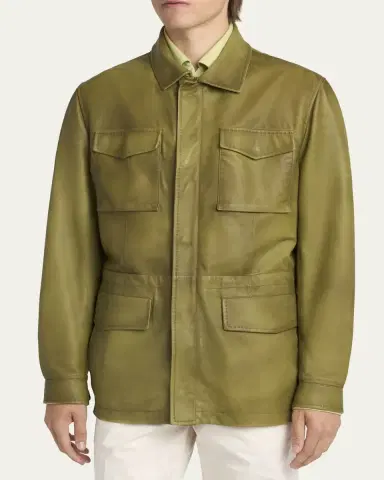 Kiton Men's Leather Flap-Pocket Field Jacket | Thumbnail 4