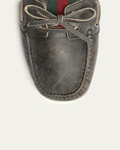 Gucci Men's Web Washed-Effect Leather Boat Shoes | Thumbnail 3 Gucci Men's Web Washed-Effect Leather Boat Shoes | Thumbnail 3
