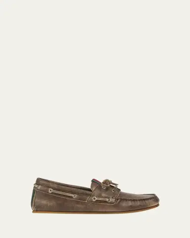 Gucci Men's Web Washed-Effect Leather Boat Shoes | Thumbnail 4 Gucci Men's Web Washed-Effect Leather Boat Shoes | Thumbnail 4