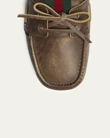 Gucci Men's Web Washed-Effect Leather Boat Shoes | Thumbnail 6 Gucci Men's Web Washed-Effect Leather Boat Shoes | Thumbnail 6