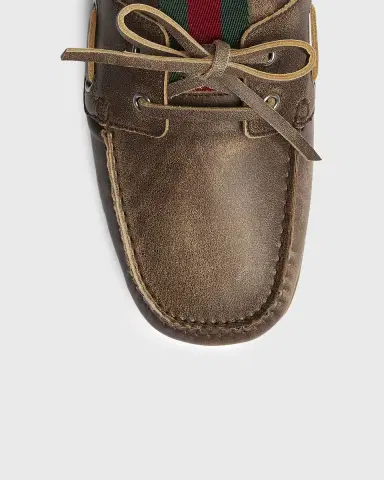 Gucci Men's Web Washed-Effect Leather Boat Shoes | Thumbnail 10 Gucci Men's Web Washed-Effect Leather Boat Shoes | Thumbnail 10