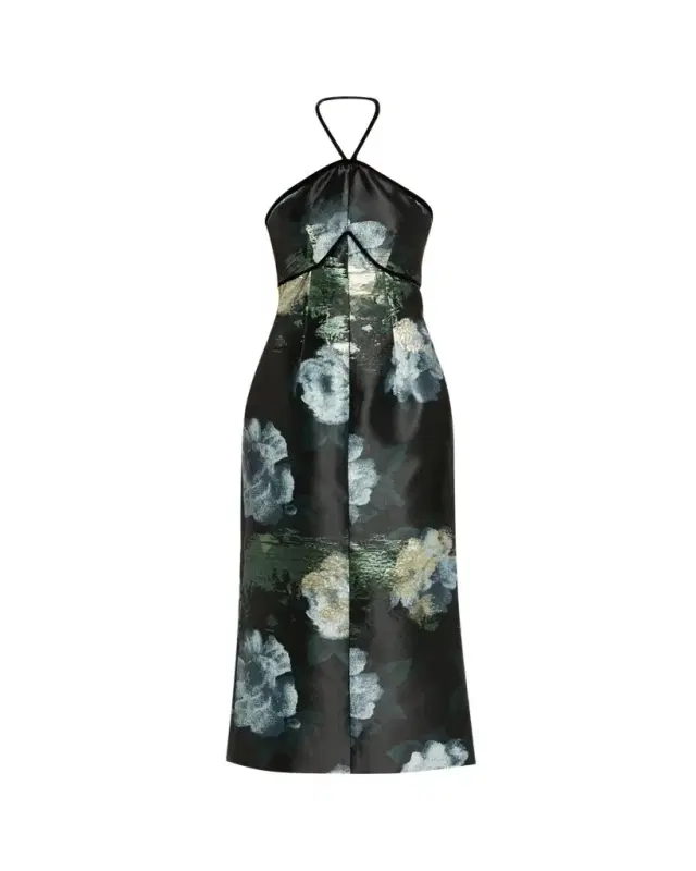 Domino Metallic Watercolor Halter Midi Dress