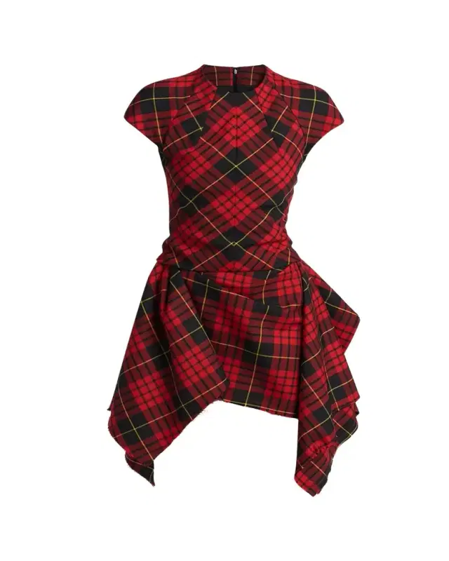 Check Cap-Sleeve Handkerchief Mini Dress