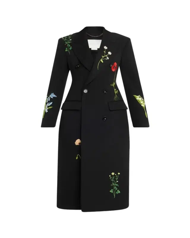 Flower Embroidered Wool Double-Breasted Long Coat