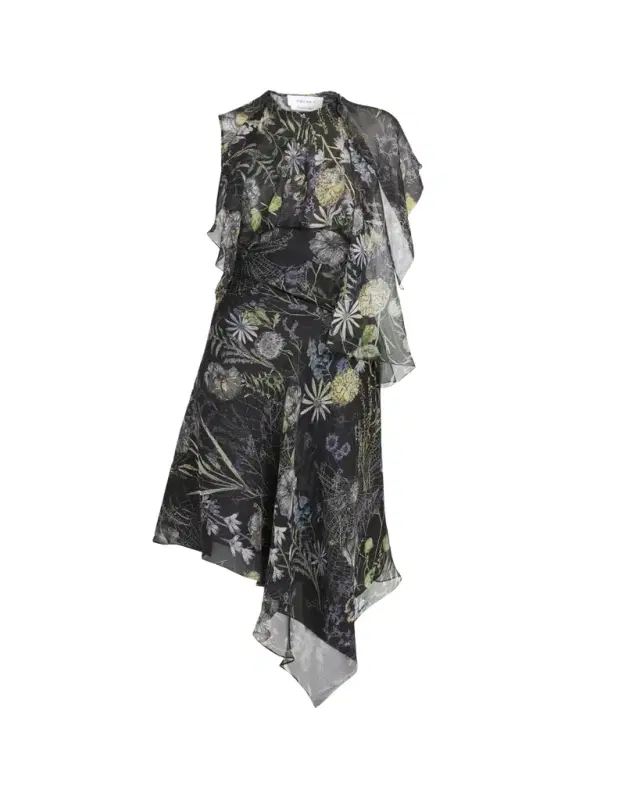 Floral-Print Asymmetric Ruffle Midi Dress