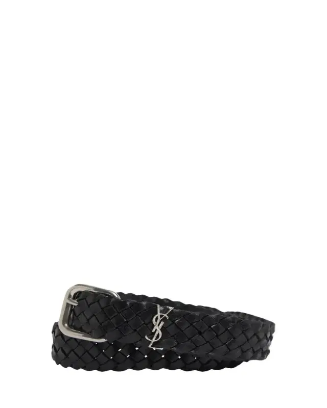 Saint Laurent Men's Cassandre YSL Woven Leather Belt