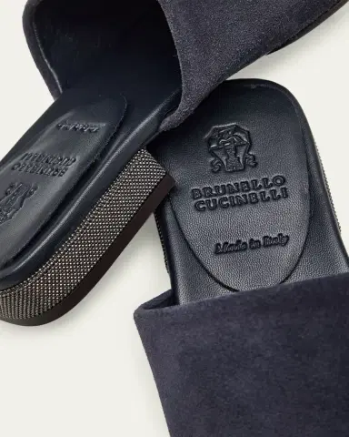 Brunello Cucinelli Suede Slide Sandals with Monili Heel | Thumbnail 5 Brunello Cucinelli Suede Slide Sandals with Monili Heel | Thumbnail 5