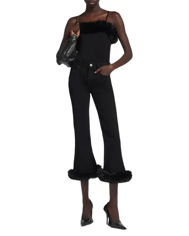 Faux-Fur Trim Denim Kickflare Capri Pants