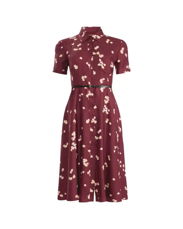Kiera Floral Silk Short-Sleeve Midi Shirtdress With Belt