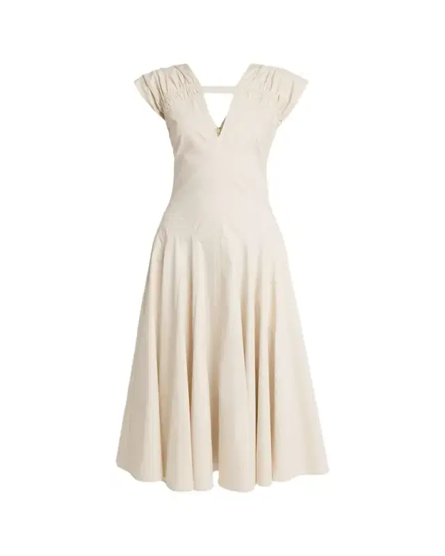 Manoela Gathered Cap-Sleeve V-Neck Midi Dress