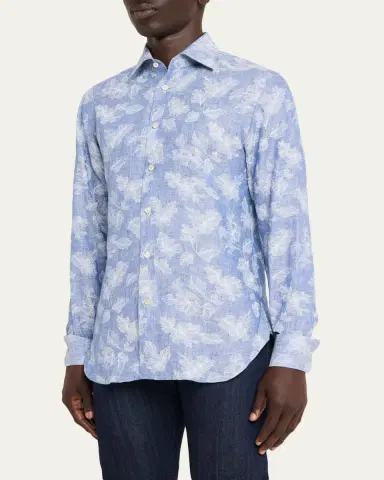 Kiton Men's Floral Linen Button-Down Shirt | Thumbnail 4 Kiton Men's Floral Linen Button-Down Shirt | Thumbnail 4
