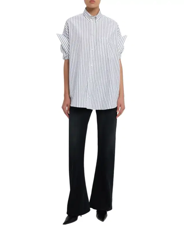 Tucked-Sleeve Striped Poplin Shirt